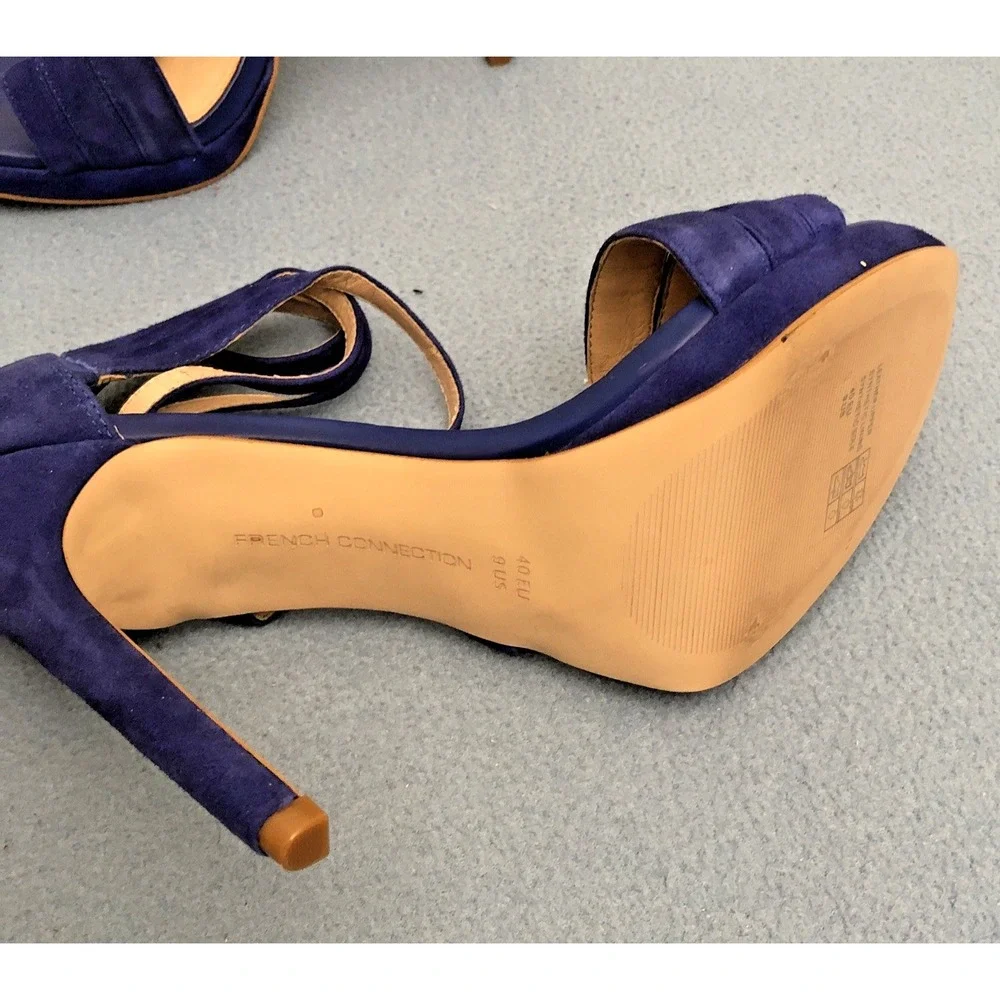French‎ Connection Women's Blue Suede Slip-On Open Toe Zip Back Heels - Sz 9
